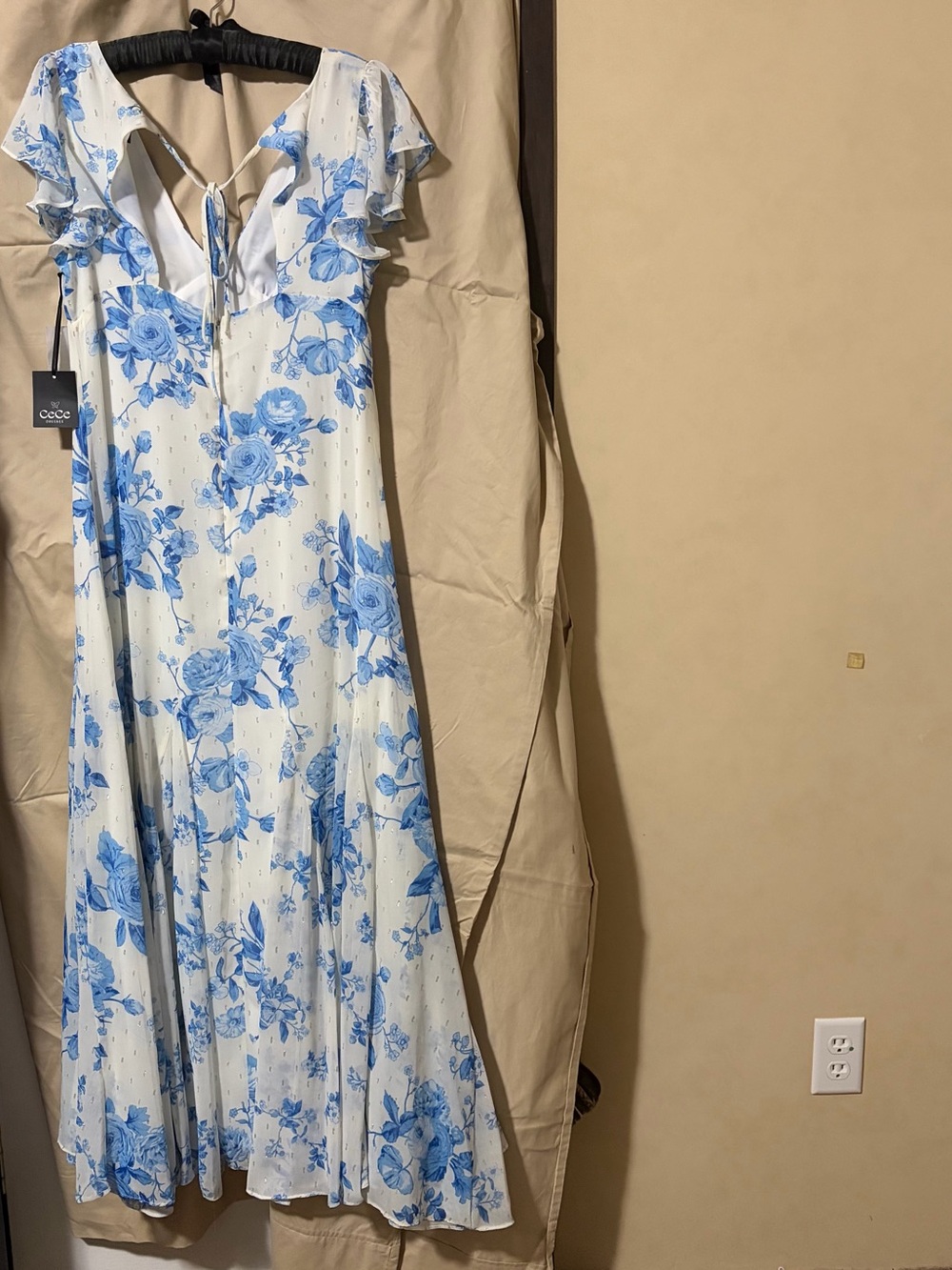 CeCe White and Blue Floral Maxi Dress with Tie-Back V-Neck - Picture 5 of 8